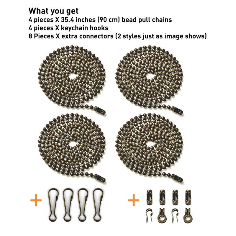 Wayilea Ceiling Fan Pulls Chain, 4 Pack Fan Extension Chain 90cm long, 4 PCS Hooks 8 PCS Connectors for Light/Lamp Extender Replacement (3.2mm Beaded Oil Rubbed Bronze Chain) - Image 2